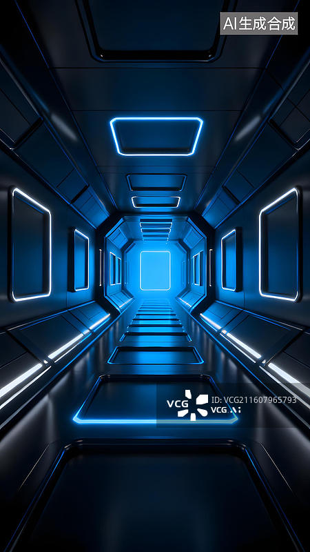 【AI数字艺术】未来科技走廊蓝色光效图片素材