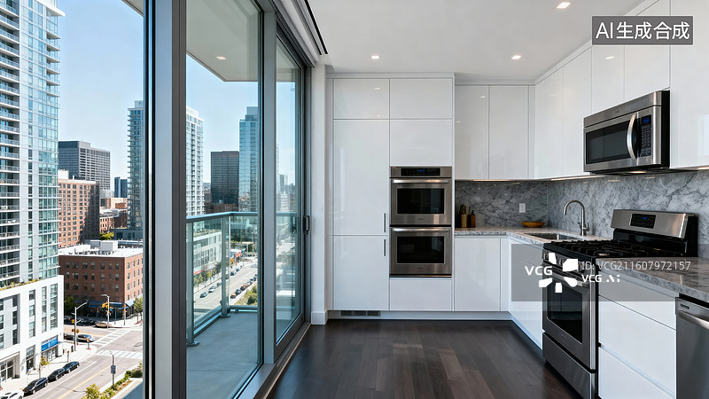 【AI数字艺术】现代厨房与城市景观图片素材