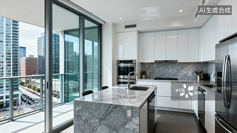 【AI数字艺术】现代厨房与城市景观图片素材