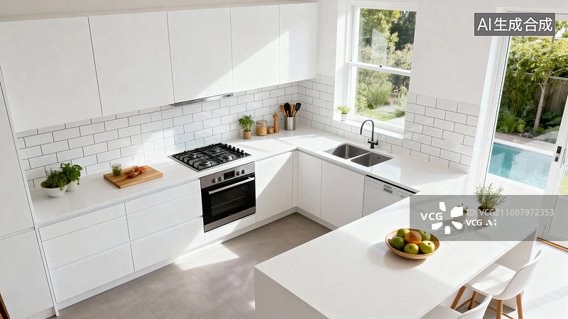【AI数字艺术】现代白色厨房室内设计图片素材
