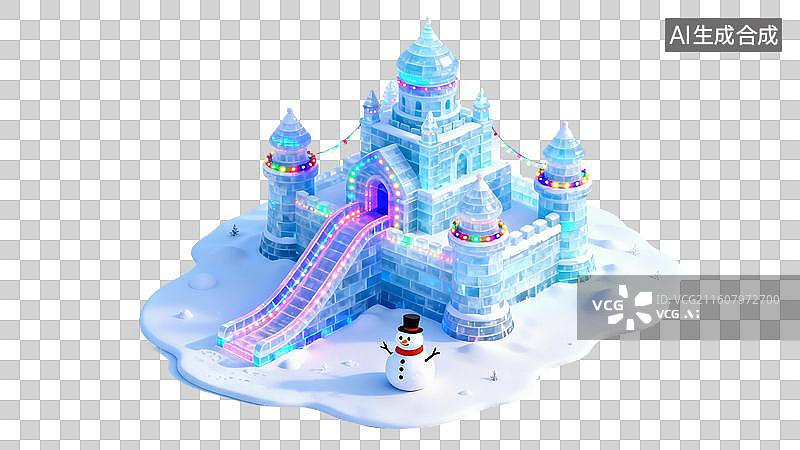 【AI数字艺术】卡通风格，一座冰雕城堡，冰雪大世界PNG格式的免扣元素图片素材