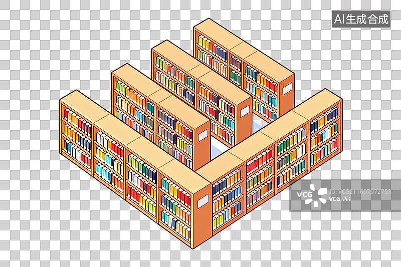 【AI数字艺术】卡通风格，图书馆中整齐的书架PNG格式的免扣元素图片素材
