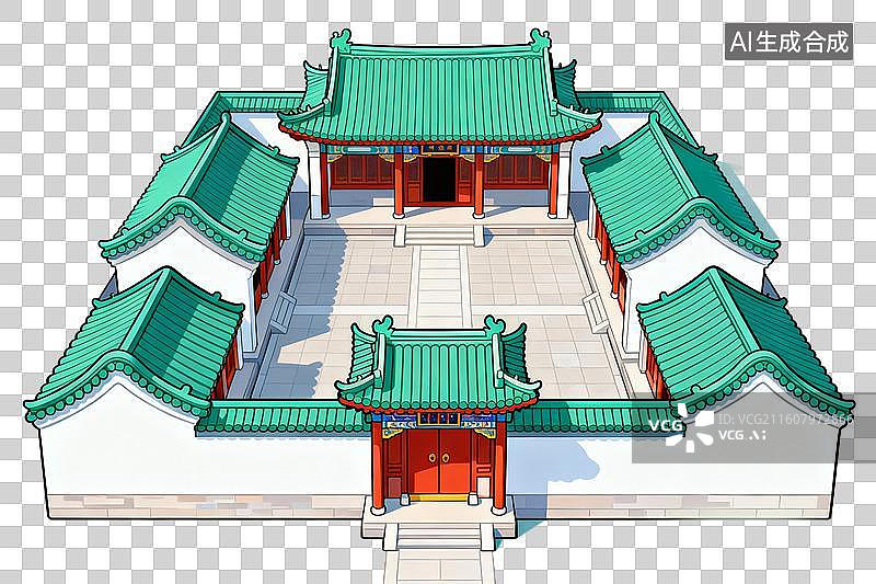 【AI数字艺术】卡通风格，一座四合院建筑PNG格式的免扣元素图片素材
