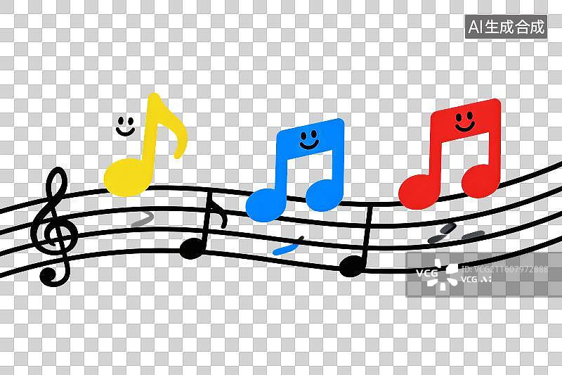 【AI数字艺术】卡通风格，五线谱上跳动的音符PNG格式的免扣元素图片素材
