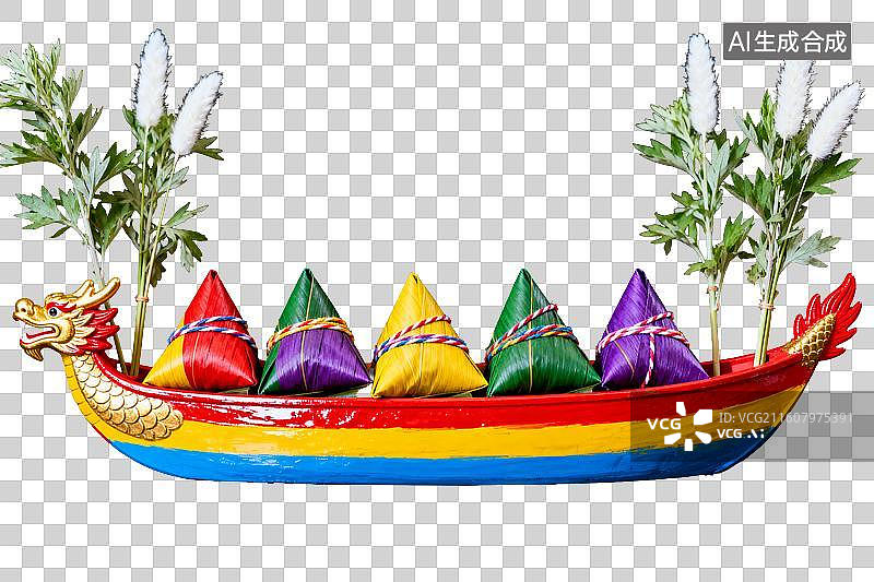 【AI数字艺术】彩绘龙舟载五色粽子配艾草图片素材