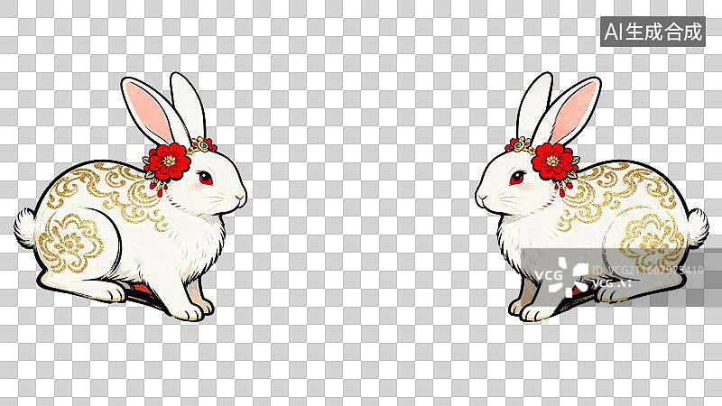 【AI数字艺术】两只装饰华丽的白兔对坐图图片素材