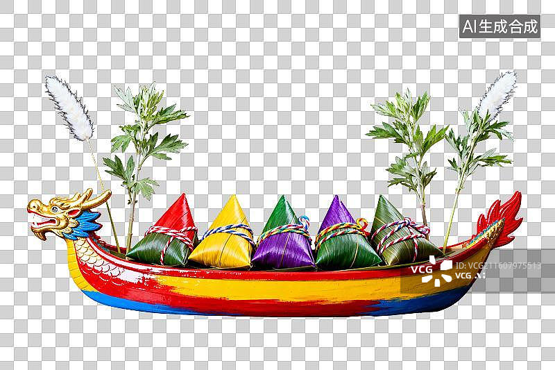 【AI数字艺术】龙舟盛载五彩粽子与艾草装饰图片素材