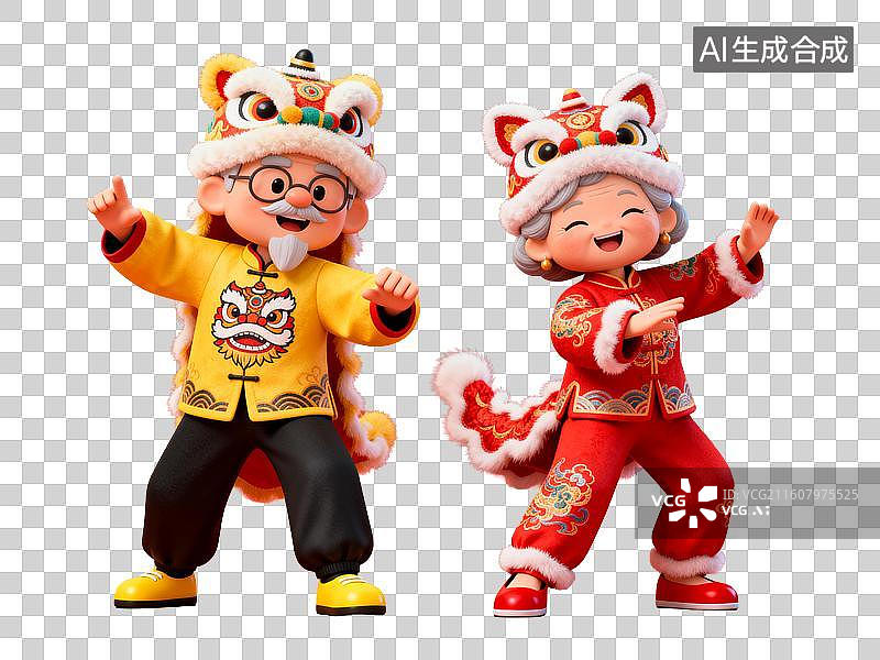【AI数字艺术】卡通舞狮老人欢乐表演图片素材