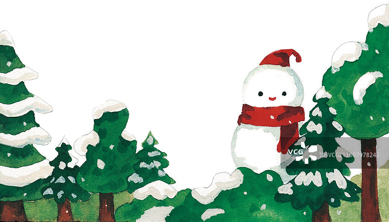 彩色插画手绘水彩背景图绿植l绿色风格秋季夏季春天冬天植物户外热带森林小草松树蘑菇野草草地底边装饰雪人图片素材