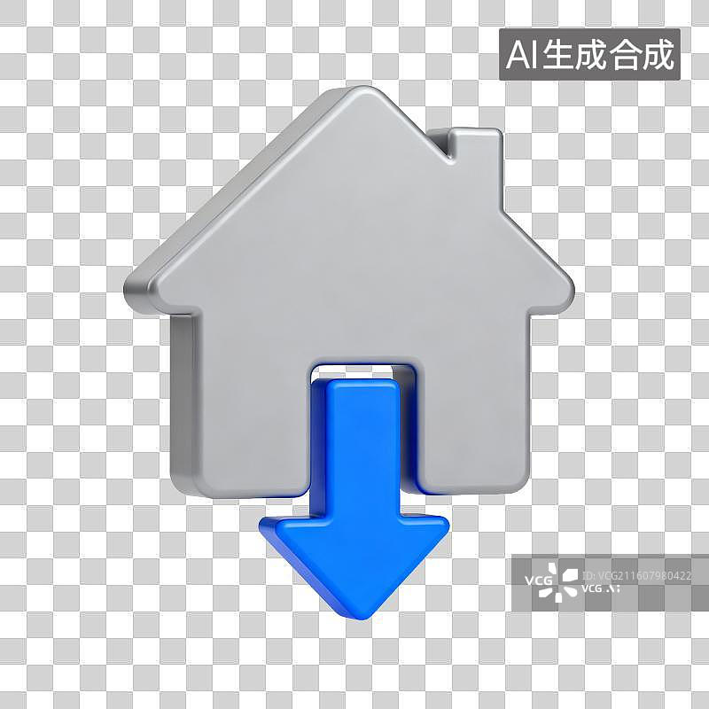 【AI数字艺术】房屋图标配蓝色向下箭头，象征房价下降与房产调整图片素材