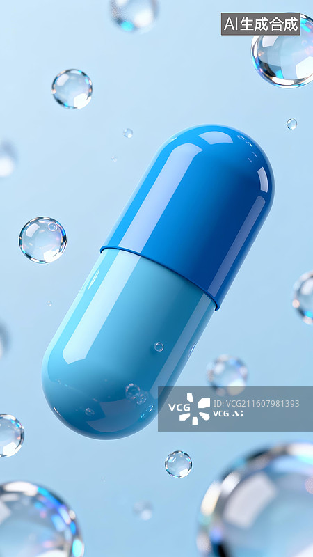 【AI数字艺术】蓝白胶囊清新感医药展示场景图片素材