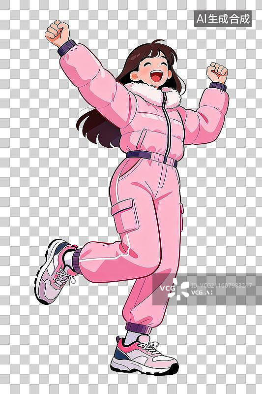 【AI数字艺术】手绘扁平穿冬季服装的女孩跳跃欢呼图片素材