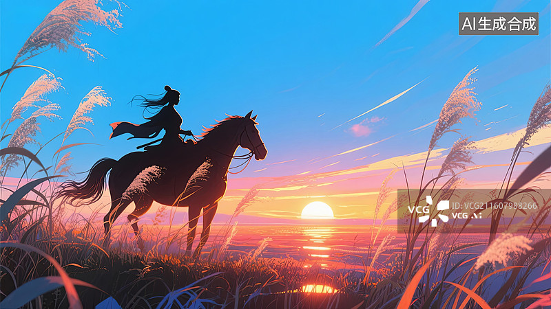 【AI数字艺术】夕阳芦苇荡中骑马的女侠国风插画图片素材