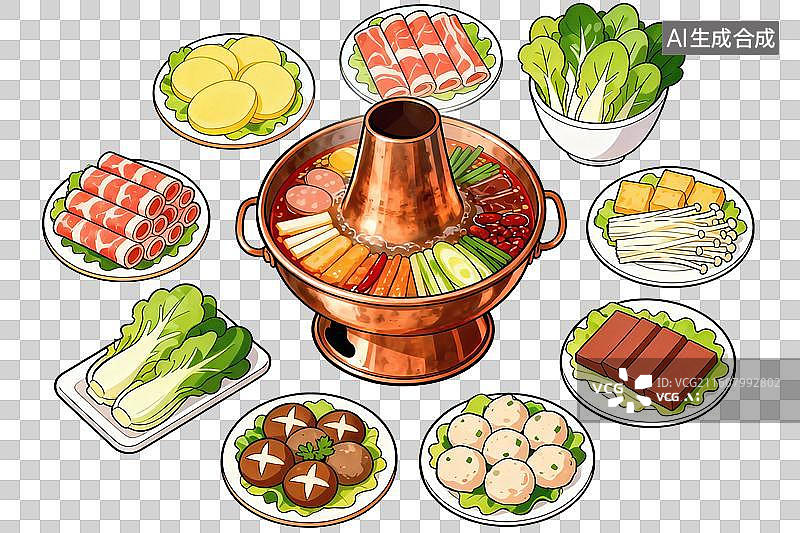 【AI数字艺术】卡通风格，一个铜炉火锅，各类火锅涮菜PNG格式的免扣元素图片素材