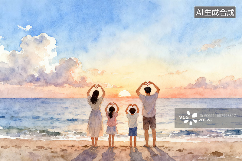 【AI数字艺术】一家人在海边旅游玩耍图片素材