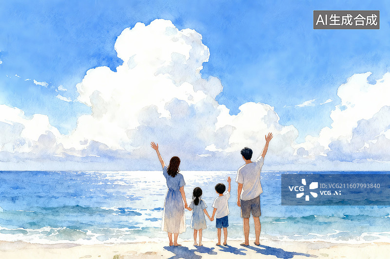 【AI数字艺术】一家人在海边旅游玩耍图片素材