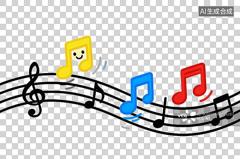 【AI数字艺术】卡通风格，五线谱上的音符PNG格式的免扣元素图片素材