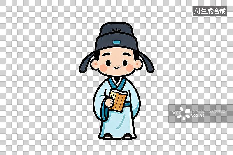 【AI数字艺术】卡通风格，手拿书籍的古代文人墨客PNG格式的免扣元素图片素材