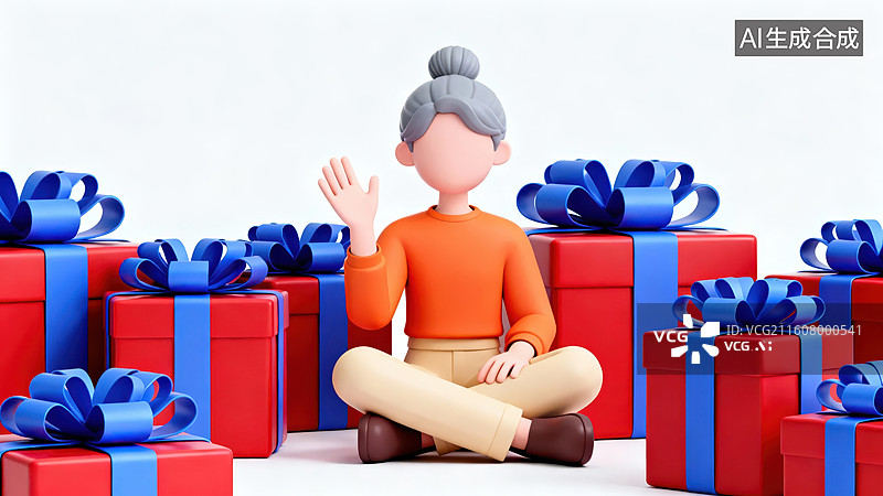 【AI数字艺术】老人坐在礼物堆中挥手图片素材