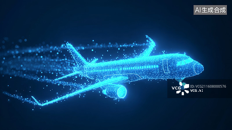 【AI数字艺术】蓝色光点构成的飞行中客机抽象艺术图像图片素材
