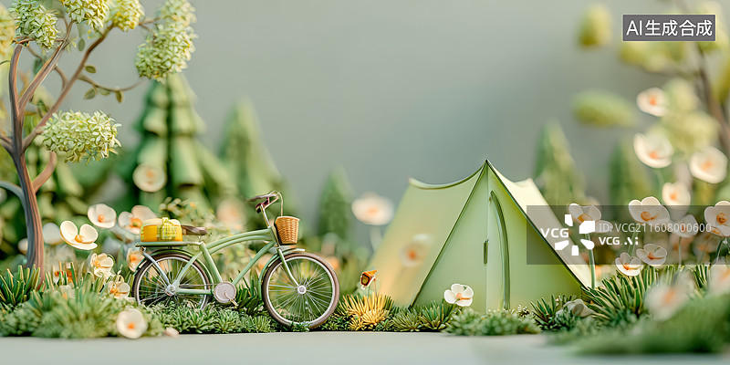【AI数字艺术】微型露营场景自行车与帐篷点缀花丛中图片素材