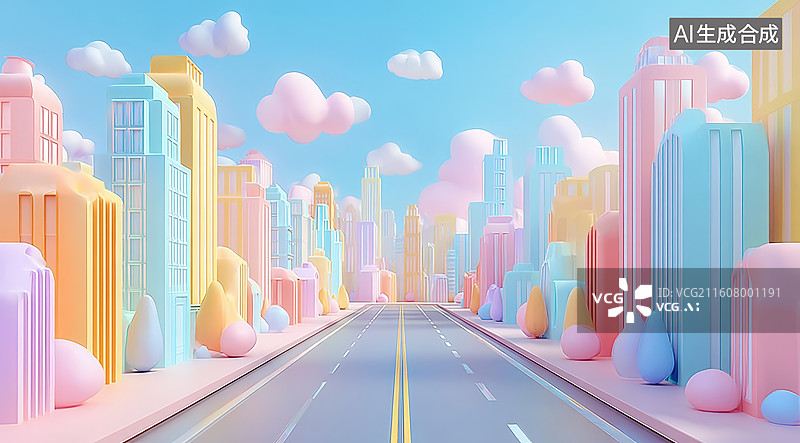 【AI数字艺术】色彩斑斓的城市街道两旁是梦幻般的建筑和云朵图片素材