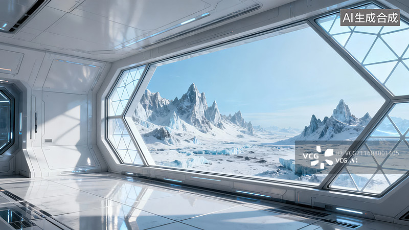 【AI数字艺术】太空舱内眺望冰雪山脉图片素材