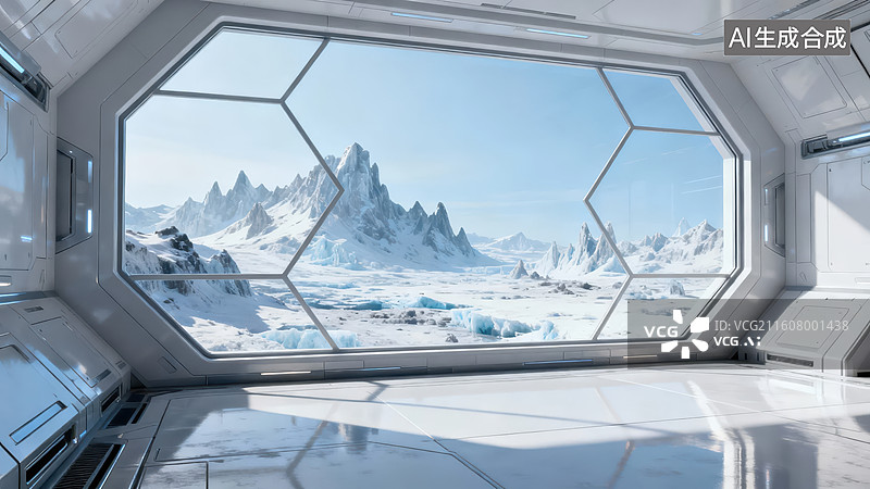 【AI数字艺术】太空舱内眺望冰川星球图片素材