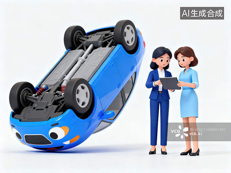 【AI数字艺术】两位女性查看翻倒的蓝色汽车图片素材