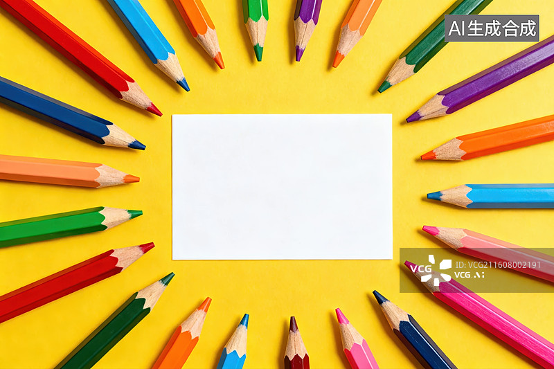 【AI数字艺术】彩色铅笔环绕空白卡片图片素材