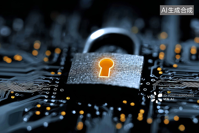 【AI数字艺术】锁具置于电路板上象征网络安全图片素材