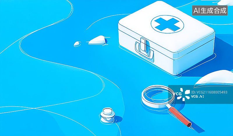 【AI数字艺术】蓝色背景上的急救箱、放大镜和药瓶图片素材