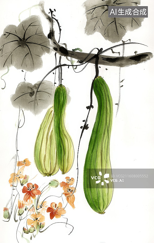 【AI数字艺术】水墨画风格的丝瓜藤蔓与花朵图片素材