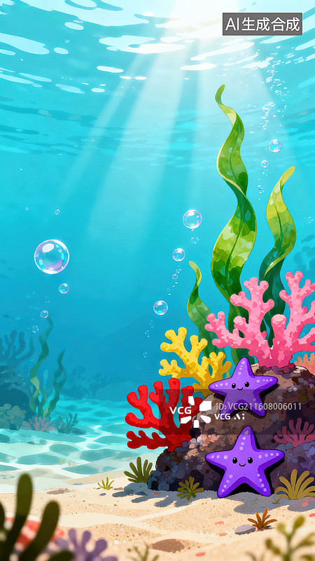 【AI数字艺术】海底世界卡通海星与珊瑚图片素材