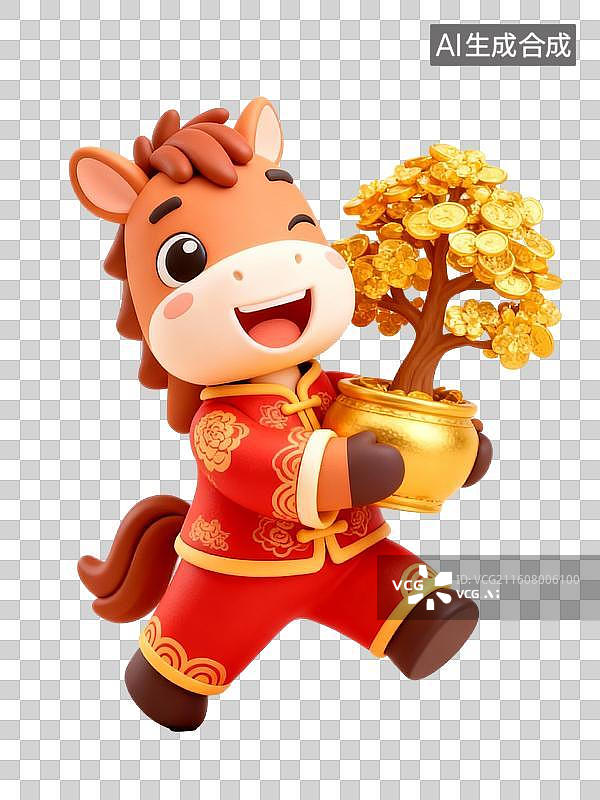 【AI数字艺术】3D卡通十二生肖马年元素-马抱着发财树图片素材