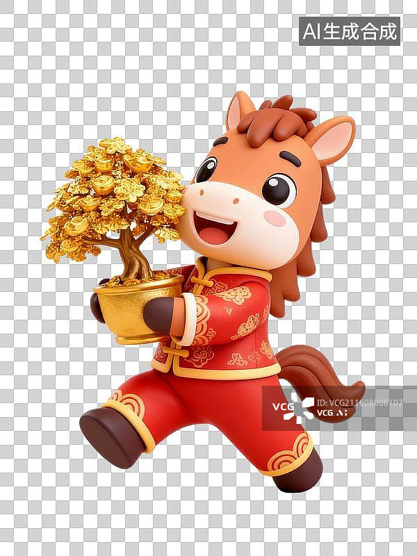 【AI数字艺术】3D卡通十二生肖马年元素-马抱着发财树图片素材