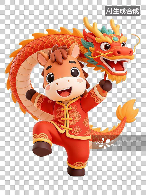 【AI数字艺术】3D卡通十二生肖马年元素-龙马精神 舞龙图片素材