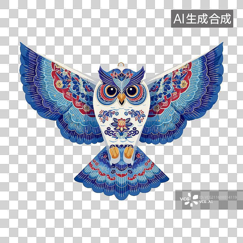 【AI数字艺术】国风传统花纹图案猫头鹰风筝，精美蓝色调装饰，带有吉祥寓意的文化元素图片素材
