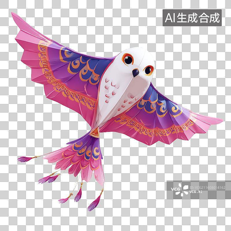 【AI数字艺术】国风传统花纹图案猫头鹰风筝，精美蓝色调装饰，带有吉祥寓意的文化元素图片素材