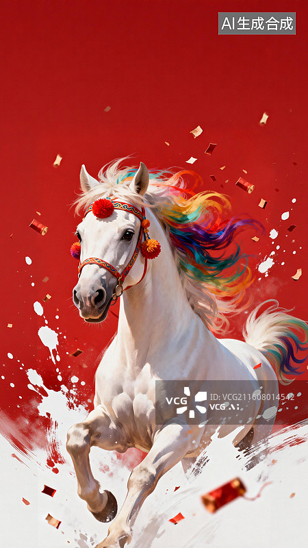 【AI数字艺术】国风大气白马奔腾迎春献瑞图图片素材