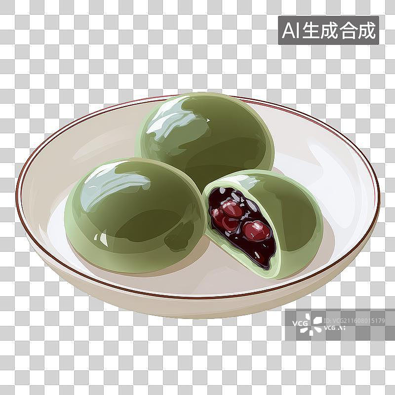 【AI数字艺术】手绘中式点心青团抹茶红豆麻薯大福，绿色外皮与红色内馅，清明节春天美食插画素材图片素材