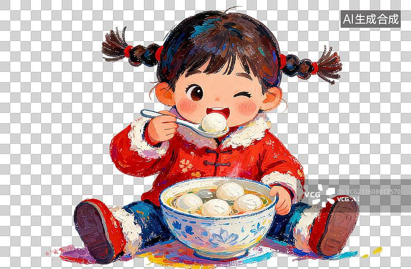 【AI数字艺术】坐在地上吃汤圆  中秋节元宵节春节主题插画图片素材