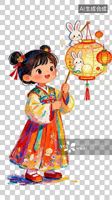 【AI数字艺术】提着兔子灯的女孩 中秋节元宵节春节主题插画图片素材