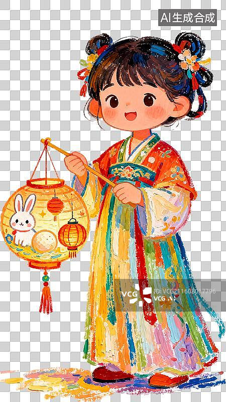 【AI数字艺术】提着兔子灯的女孩 中秋节元宵节春节主题插画图片素材
