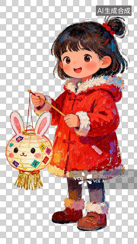 【AI数字艺术】提着兔子灯的女孩 中秋节元宵节春节主题插画图片素材