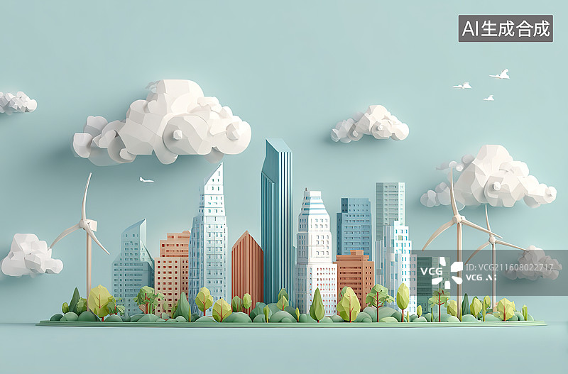 【AI数字艺术】现代城市与风力发电景观图片素材