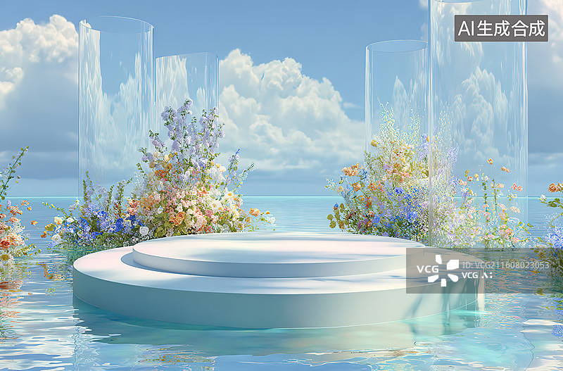 【AI数字艺术】水景花台与透明柱体图片素材