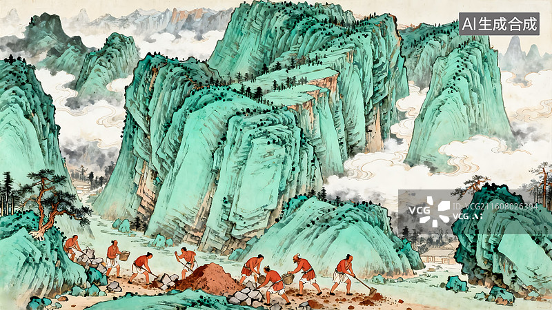 【AI数字艺术】中国古代寓言故事愚公移山图片素材