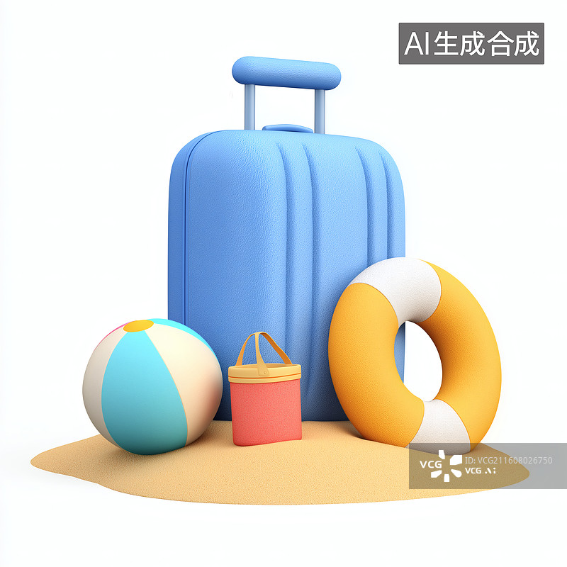 【AI数字艺术】蓝色行李箱与海滩用品组合图片素材