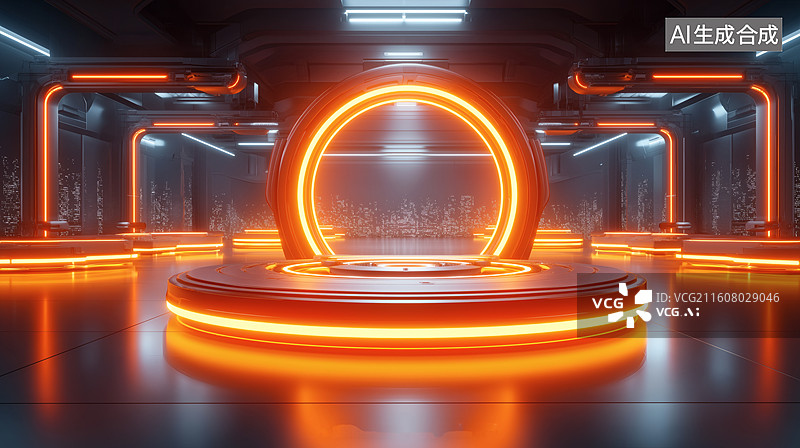 【AI数字艺术】未来科技中心内景，充满科幻感的橙色与白色光线图片素材